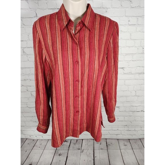 VTG Joan Leslie Linen Blend Multi Color Striped Long Sleeve Button Up Size 10P - Picture 1 of 10